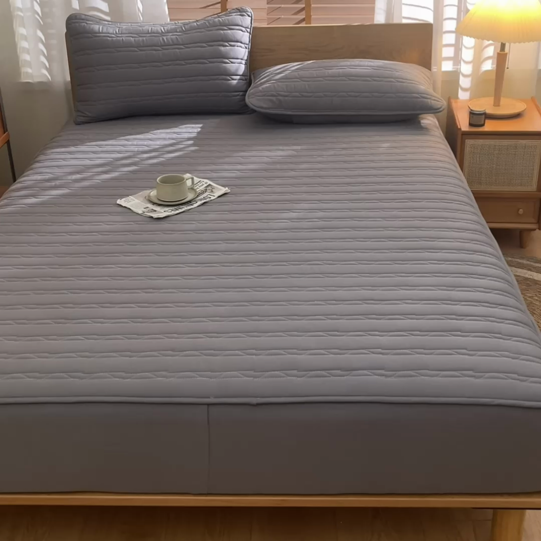 91家纺网 家纺一手货源 找家纺 雪云美2025新款全棉夹棉床笠斜纹A类纯棉床罩可定制尺寸 条纹- 灰色