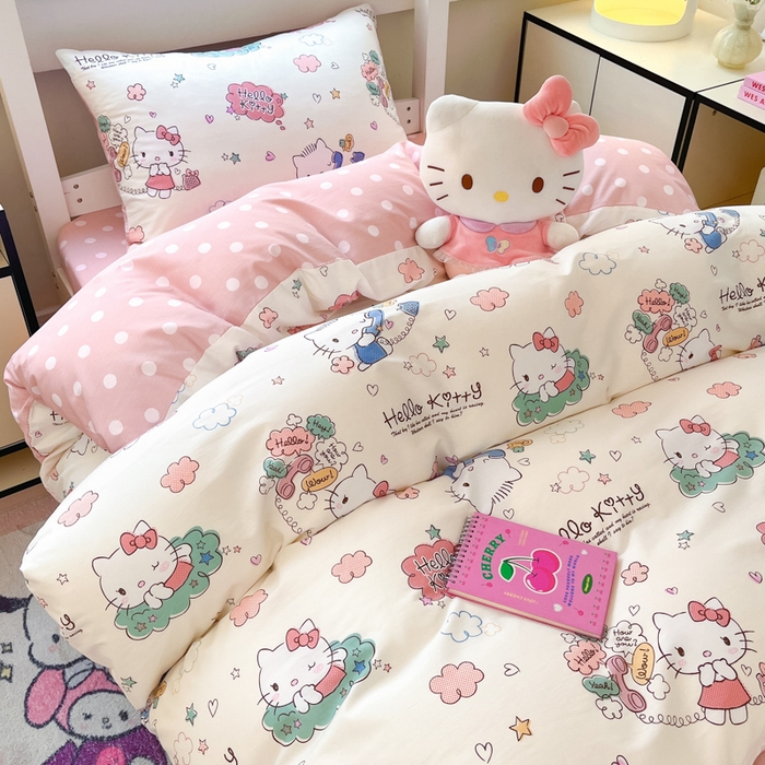 91家纺网 家纺一手货源 找家纺 暮思家居 2025新款三丽鸥授权全棉少女印花系列学生宿舍三件套四件套 甜心KT