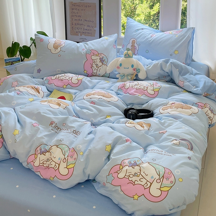 91家纺网 家纺一手货源 找家纺 蓝邻家纺 2025年新款三丽鸥正版授权全棉印花四件套系列-大床图 彩虹玉桂狗