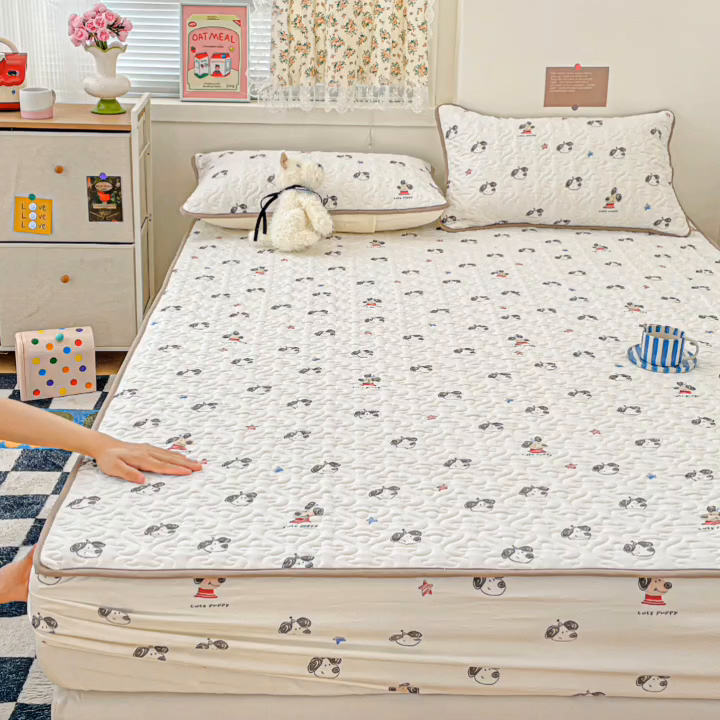 91家纺网 家纺一手货源 找家纺 悦织湾家纺 2025新款小清新印花四季通用床笠非全棉学生宿舍床笠二三件套 淘气小狗