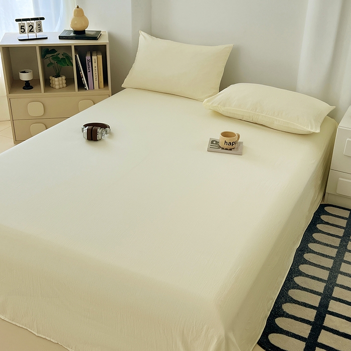 91家纺网 家纺一手货源 找家纺 卡迪熊家纺2025新款木m双层纱床单 月牙黄