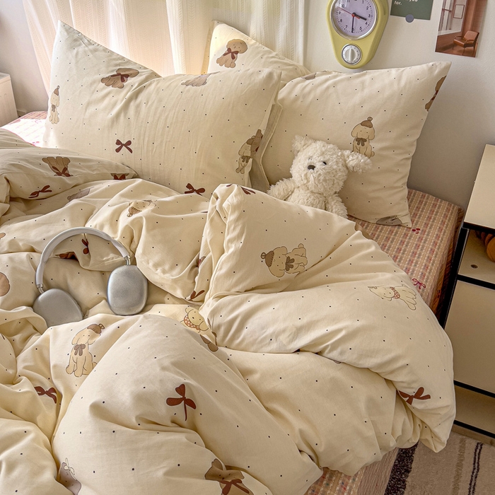 91家纺网 家纺一手货源 找家纺 耀悦家纺 2025新款13070全棉印花四件套 优雅蝴蝶结小狗