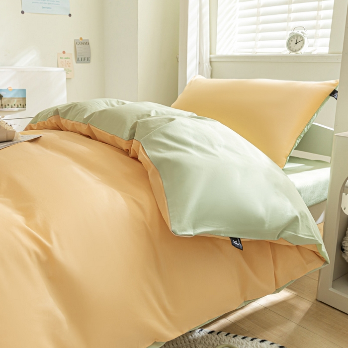 91家纺网 家纺一手货源 找家纺 涵宸家纺 2025新款全棉拼色纯色宿舍套件-米兰 米兰（浅黄+月光绿）