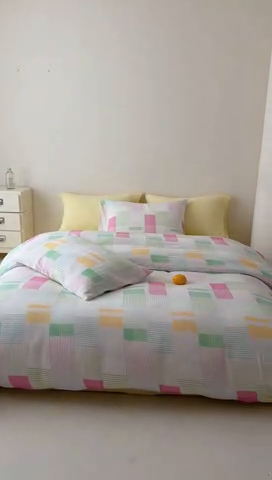 91家纺网 家纺一手货源 找家纺 山舍家居 2025新款母婴级全棉双层皱皱纱四件套 玫莓芭乐-黄