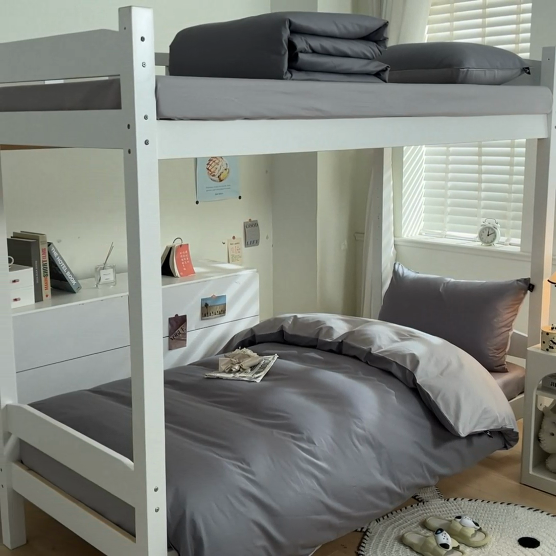 91家纺网 家纺一手货源 找家纺 涵宸家纺 2025新款全棉拼色纯色宿舍套件-米兰 米兰（银灰+梧桐灰）