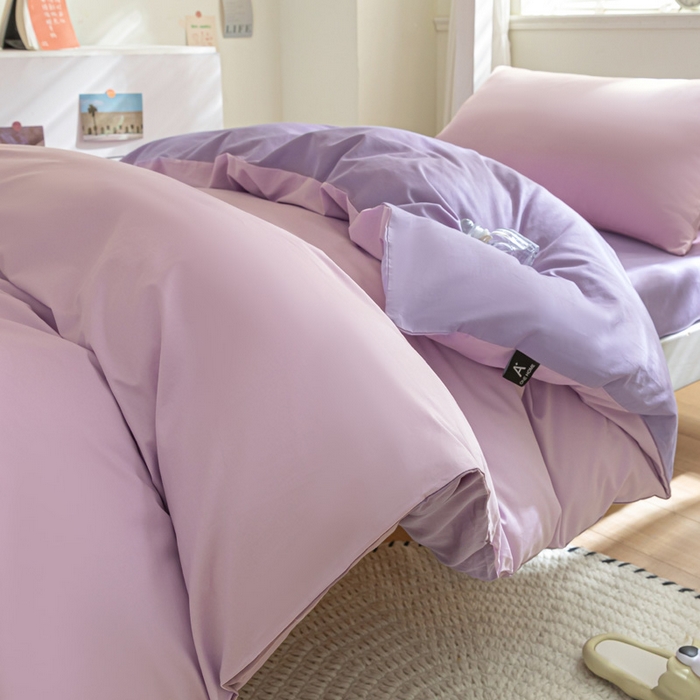 91家纺网 家纺一手货源 找家纺 涵宸家纺 2025新款全棉拼色纯色宿舍套件-米兰 米兰（优雅紫+青紫）