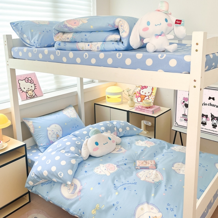 91家纺网 家纺一手货源 找家纺 暮思家居 2025新款三丽鸥授权全棉少女印花系列学生宿舍三件套四件套 蓝色玉桂狗