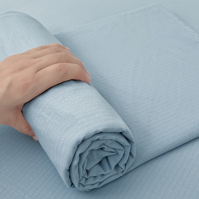 91家纺网 家纺一手货源 找家纺 卡迪熊家纺2025新款木m双层纱床单 海盐蓝