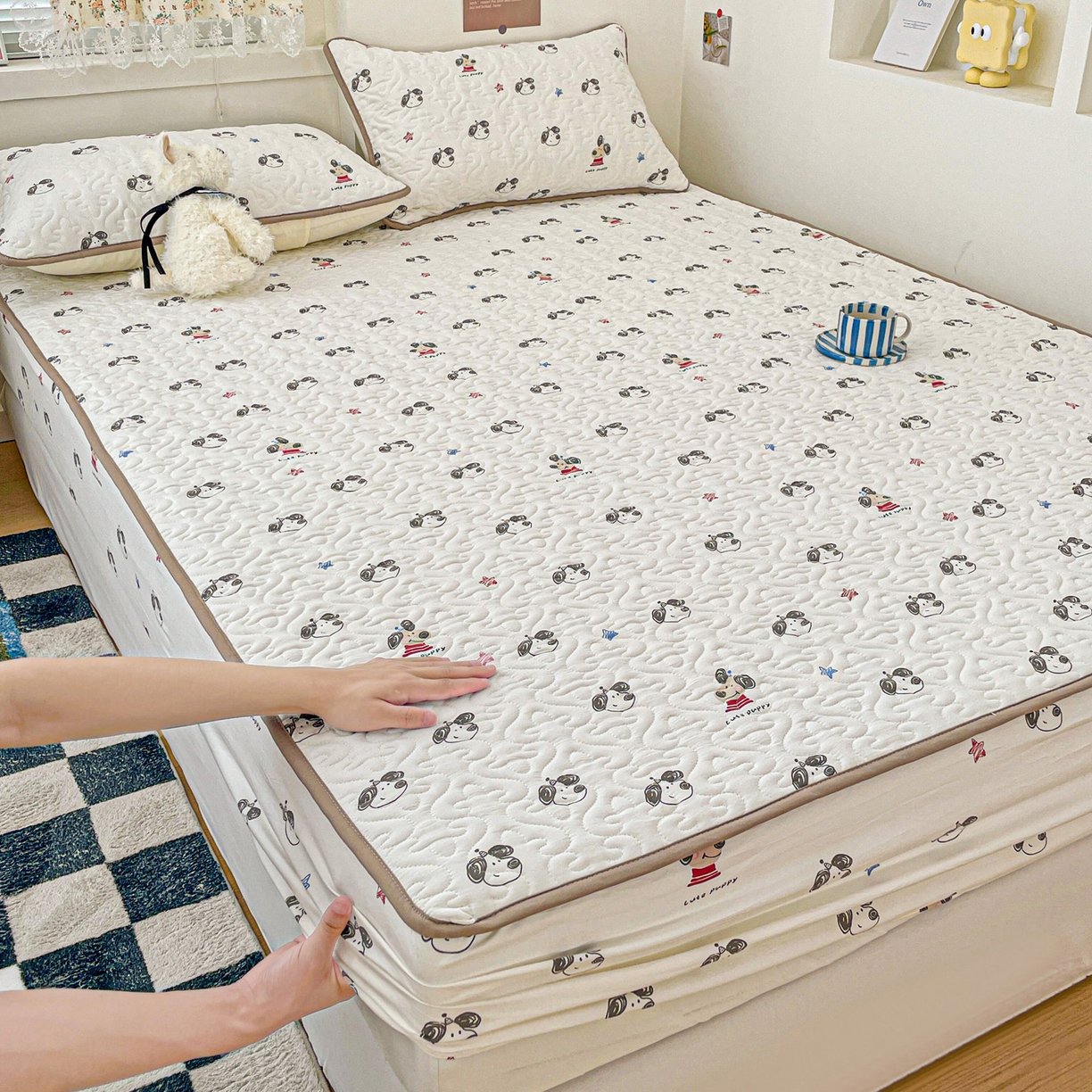 91家纺网 家纺一手货源 找家纺 悦织湾家纺 2025新款小清新印花四季通用床笠非全棉学生宿舍床笠二三件套 淘气小狗