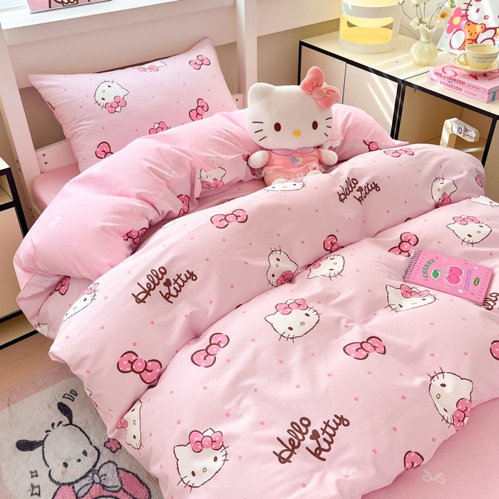 91家纺网 家纺一手货源 找家纺 暮思家居 2025新款三丽鸥授权全棉少女印花系列学生宿舍三件套四件套 可爱凯蒂