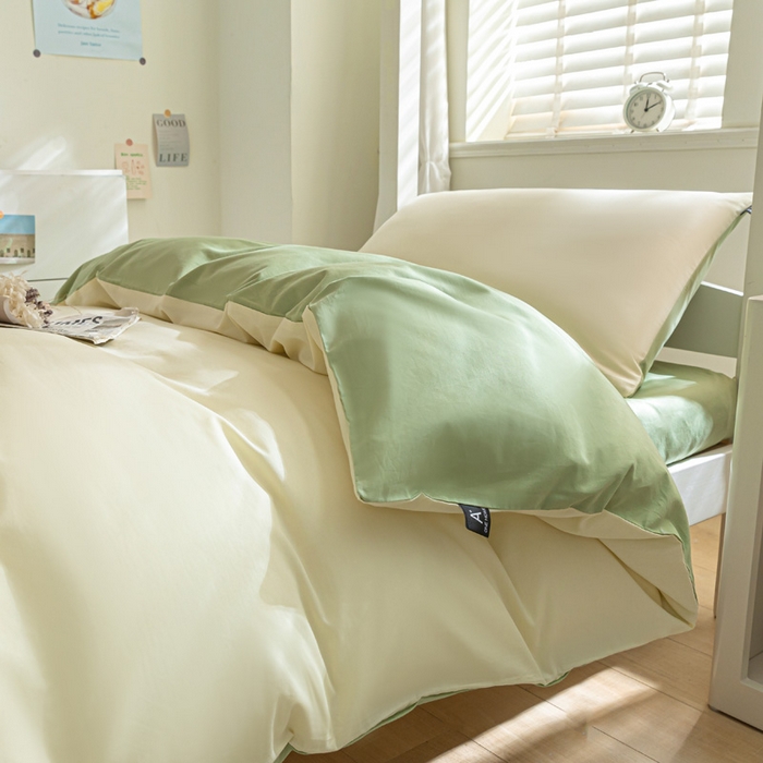 91家纺网 家纺一手货源 找家纺 涵宸家纺 2025新款全棉拼色纯色宿舍套件-米兰 米兰（奶白+月光绿）