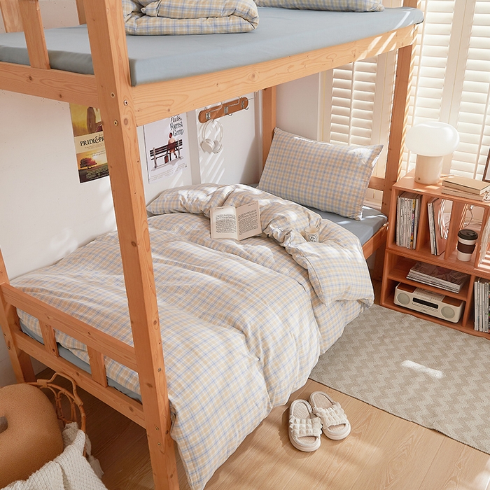 91家纺网 家纺一手货源 找家纺 DoDo 兜兜 2025新款全棉纯棉水洗棉学生三件套【可定做尺寸】    麦田-灰蓝