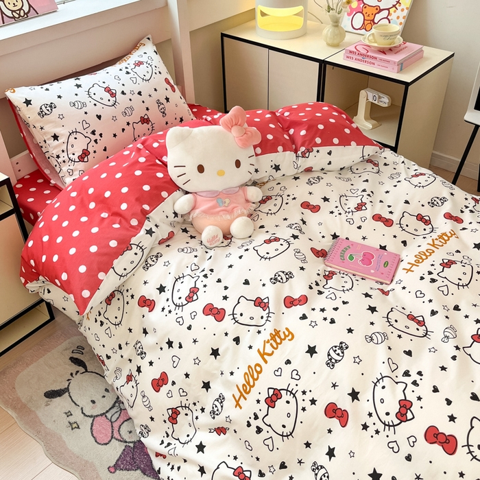 91家纺网 家纺一手货源 找家纺 暮思家居 2025新款三丽鸥授权全棉少女印花系列学生宿舍三件套四件套 糖果KT