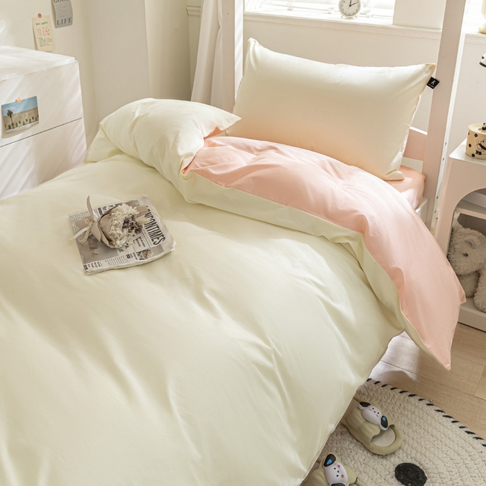 91家纺网 家纺一手货源 找家纺 涵宸家纺 2025新款全棉拼色纯色宿舍套件-米兰 米兰（奶白+烟粉）