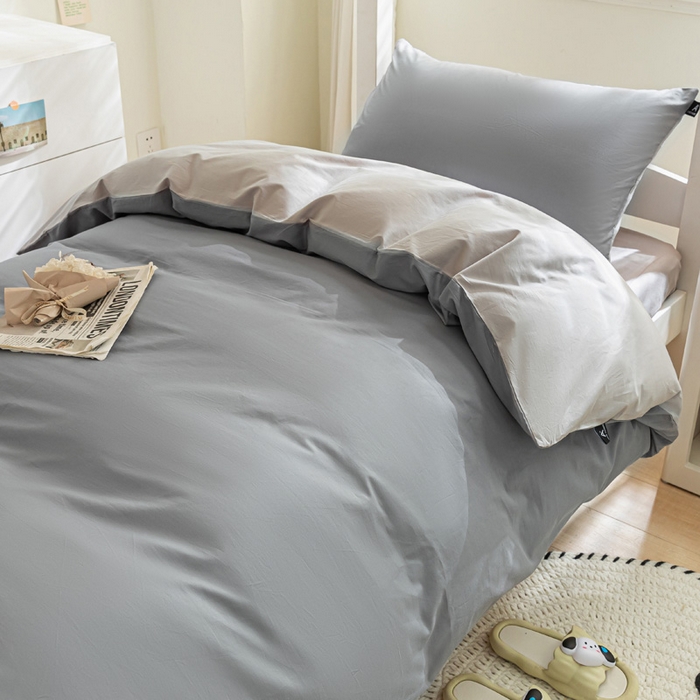 91家纺网 家纺一手货源 找家纺 涵宸家纺 2025新款全棉拼色纯色宿舍套件-米兰 米兰（银灰+梧桐灰）
