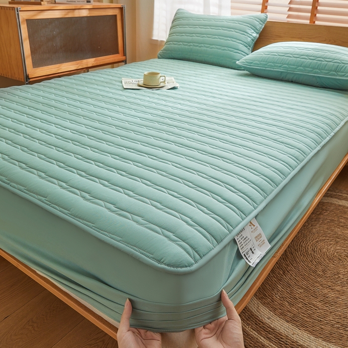 91家纺网 家纺一手货源 找家纺 雪云美2025新款全棉夹棉床笠斜纹A类纯棉床罩可定制尺寸 条纹- 绿色