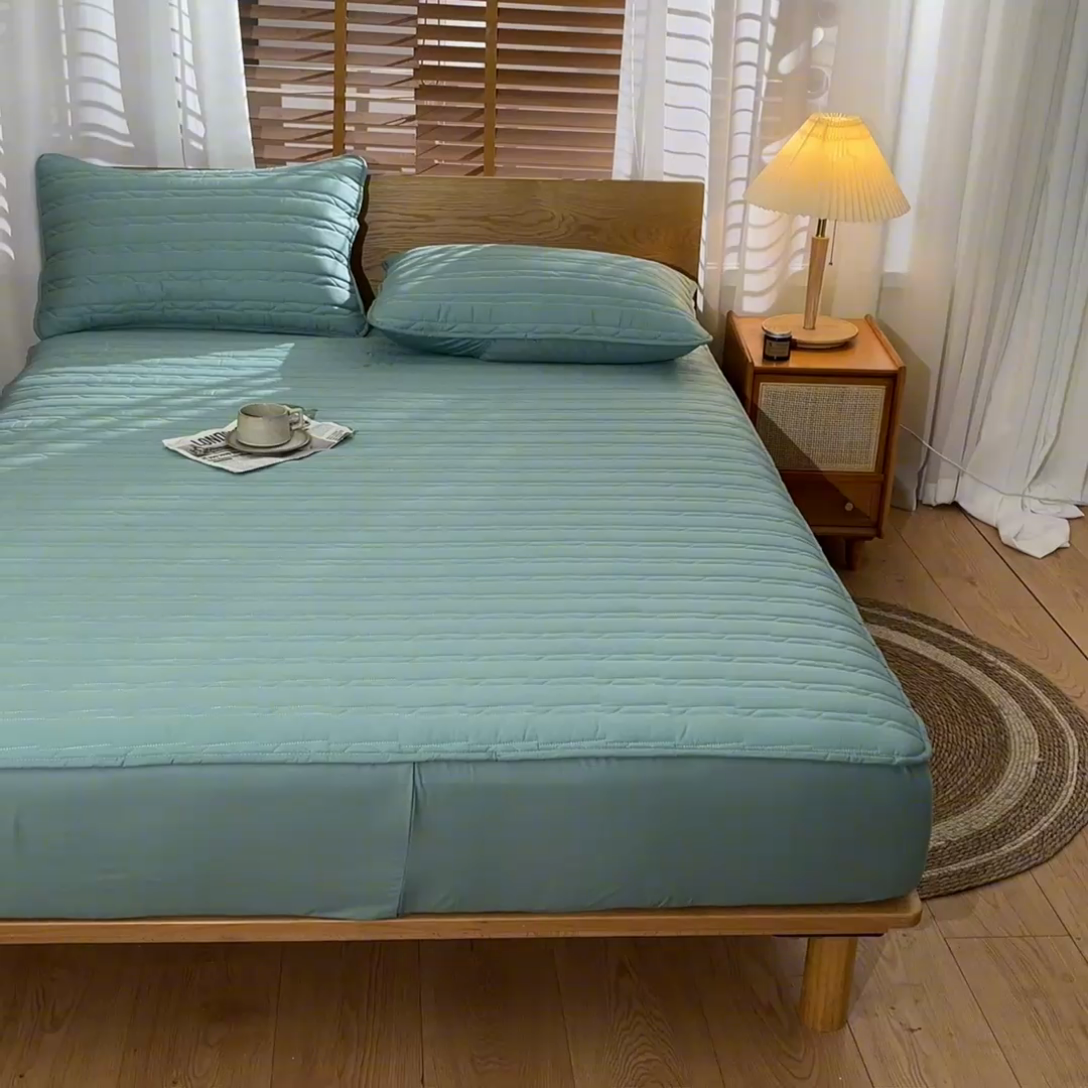 91家纺网 家纺一手货源 找家纺 雪云美2025新款全棉夹棉床笠斜纹A类纯棉床罩可定制尺寸 条纹- 绿色