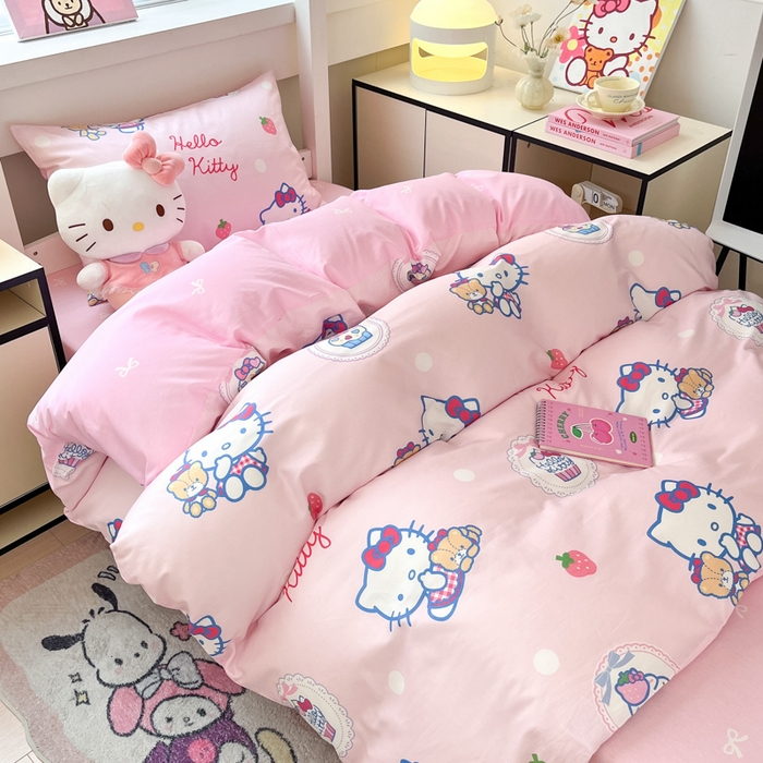 91家纺网 家纺一手货源 找家纺 暮思家居 2025新款三丽鸥授权全棉少女印花系列学生宿舍三件套四件套 kt和熊