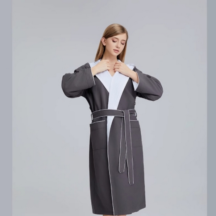 91家纺网 家纺一手货源 找家纺 澜昕  酒店桃皮绒双层连帽浴袍四季通用男女同款 可定制 深灰色