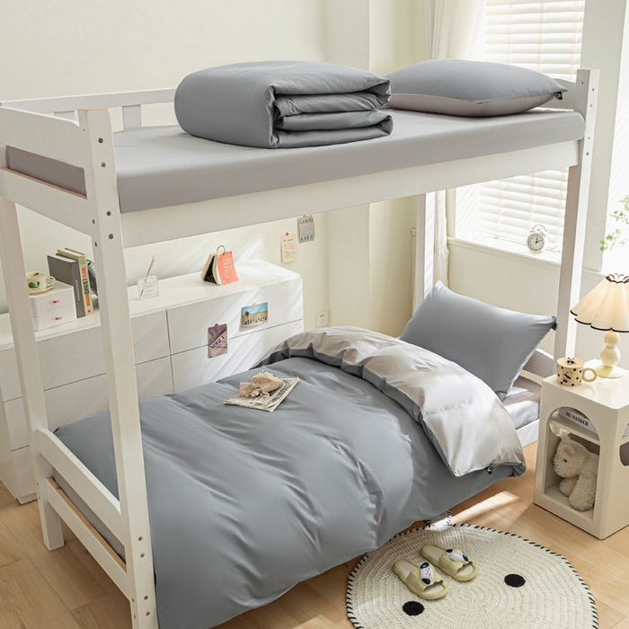 91家纺网 家纺一手货源 找家纺 涵宸家纺 2025新款全棉拼色纯色宿舍套件-米兰 米兰（银灰+梧桐灰）