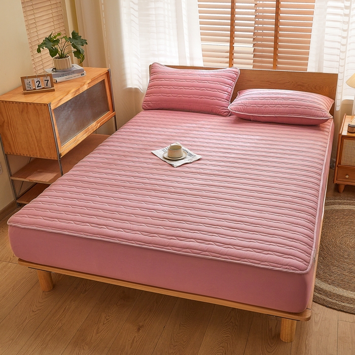 91家纺网 家纺一手货源 找家纺 雪云美2025新款全棉夹棉床笠斜纹A类纯棉床罩可定制尺寸 条纹- 棕红