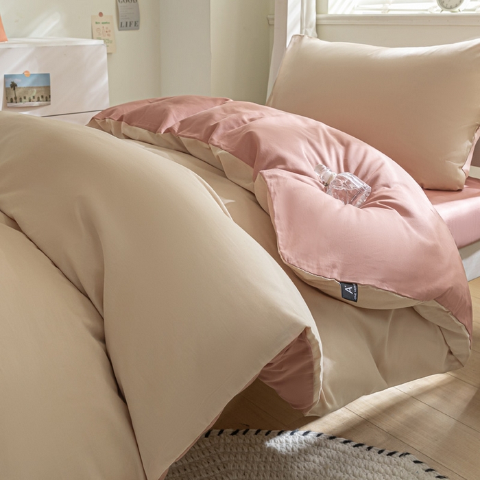 91家纺网 家纺一手货源 找家纺 涵宸家纺 2025新款全棉拼色纯色宿舍套件-米兰 米兰（杏色+豆其）