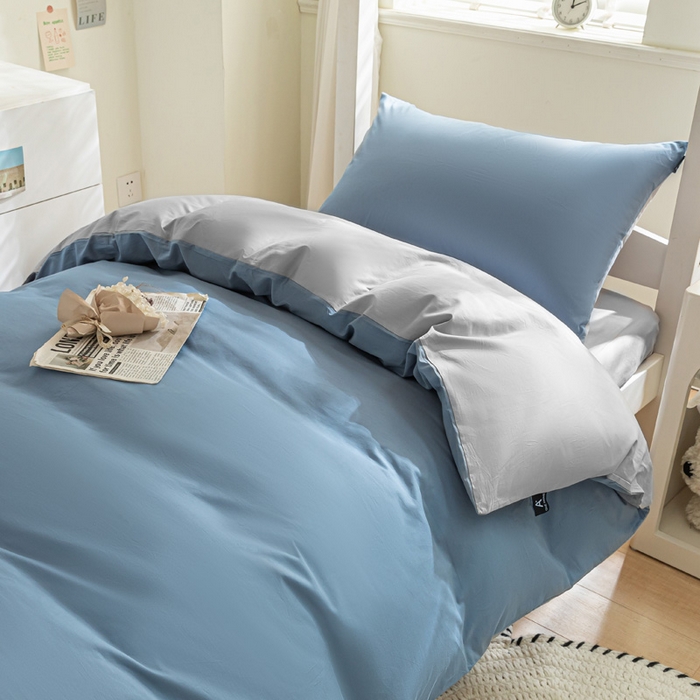 91家纺网 家纺一手货源 找家纺 涵宸家纺 2025新款全棉拼色纯色宿舍套件-米兰 米兰（湖兰+梧桐灰）