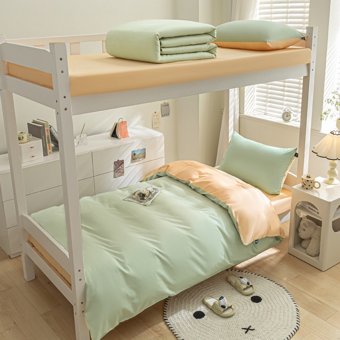 91家纺网 家纺一手货源 找家纺 涵宸家纺 2025新款全棉拼色纯色宿舍套件-米兰 米兰（月光绿+浅黄）