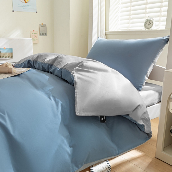 91家纺网 家纺一手货源 找家纺 涵宸家纺 2025新款全棉拼色纯色宿舍套件-米兰 米兰（湖兰+梧桐灰）