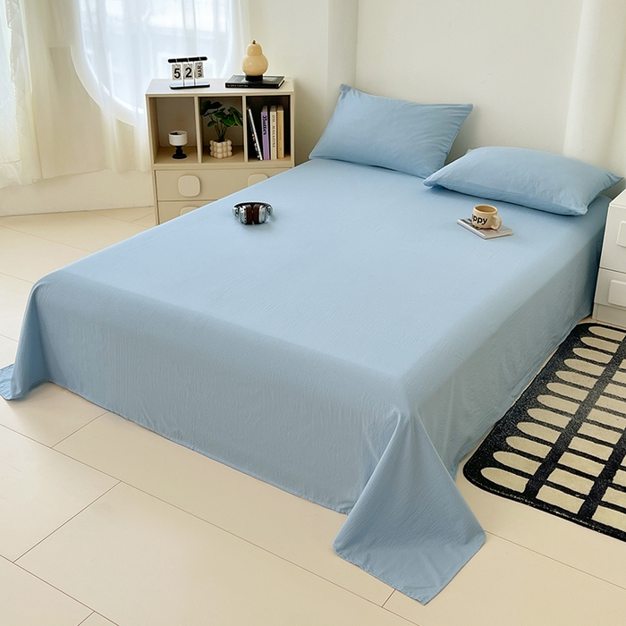 91家纺网 家纺一手货源 找家纺 卡迪熊家纺2025新款木m双层纱床单 海盐蓝