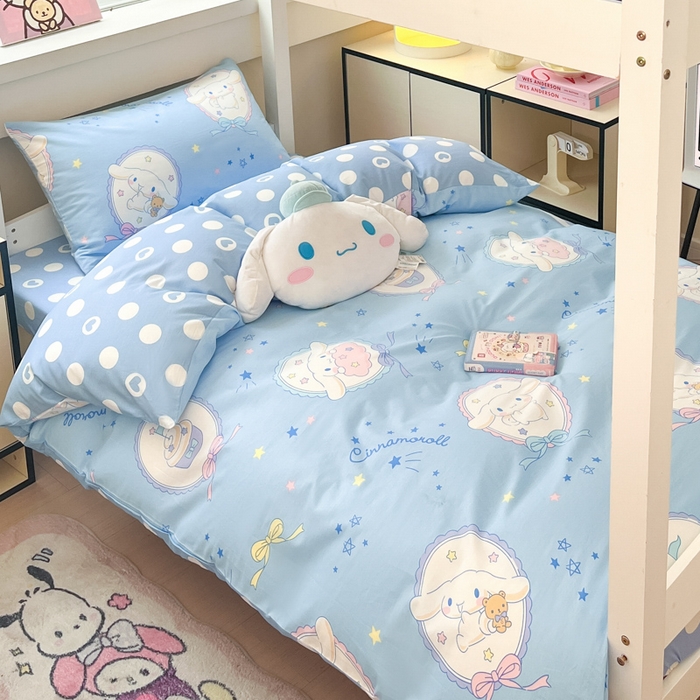 91家纺网 家纺一手货源 找家纺 暮思家居 2025新款三丽鸥授权全棉少女印花系列学生宿舍三件套四件套 蓝色玉桂狗