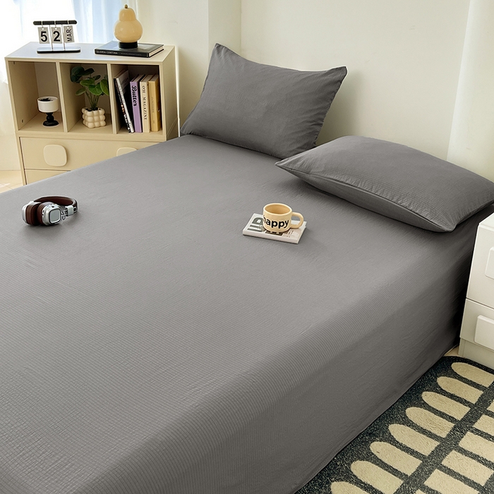 91家纺网 家纺一手货源 找家纺 卡迪熊家纺2025新款木m双层纱床单 优雅灰