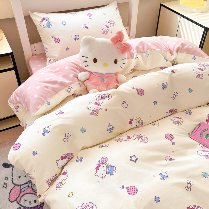 91家纺网 家纺一手货源 找家纺 暮思家居 2025新款三丽鸥授权全棉少女印花系列学生宿舍三件套四件套 甜筒凯蒂