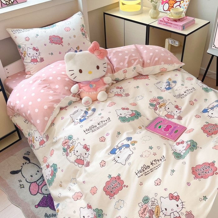 91家纺网 家纺一手货源 找家纺 暮思家居 2025新款三丽鸥授权全棉少女印花系列学生宿舍三件套四件套 甜心KT