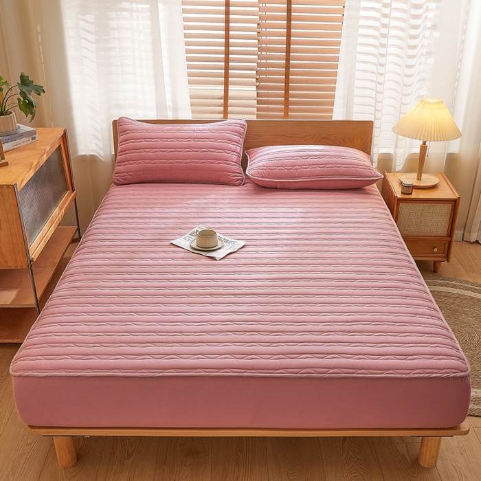 91家纺网 家纺一手货源 找家纺 雪云美2025新款全棉夹棉床笠斜纹A类纯棉床罩可定制尺寸 条纹- 棕红