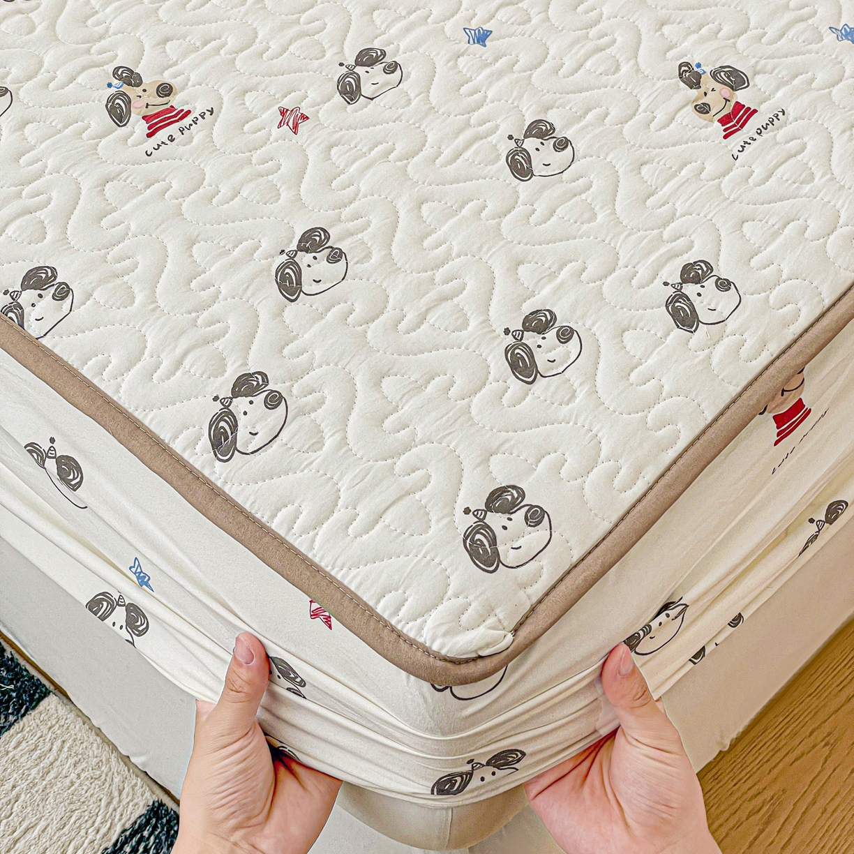 91家纺网 家纺一手货源 找家纺 悦织湾家纺 2025新款小清新印花四季通用床笠非全棉学生宿舍床笠二三件套 淘气小狗