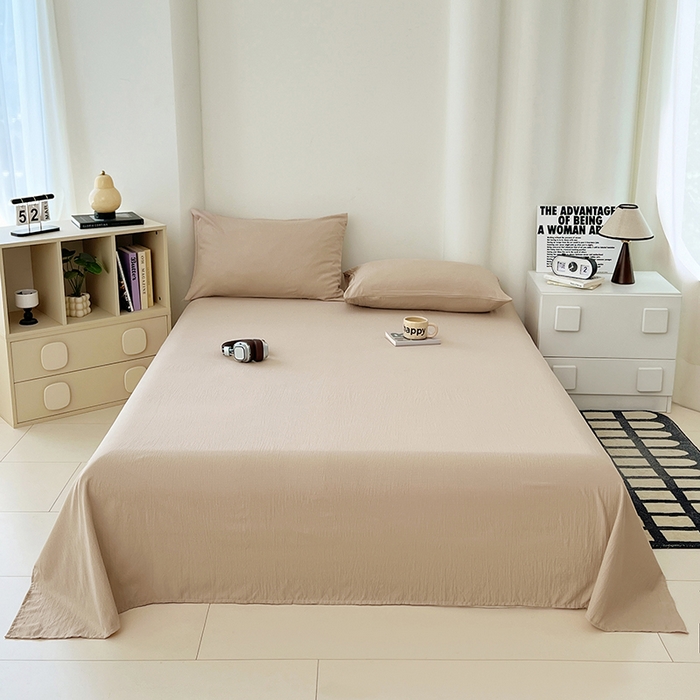 91家纺网 家纺一手货源 找家纺 卡迪熊家纺2025新款木m双层纱床单 浅卡其