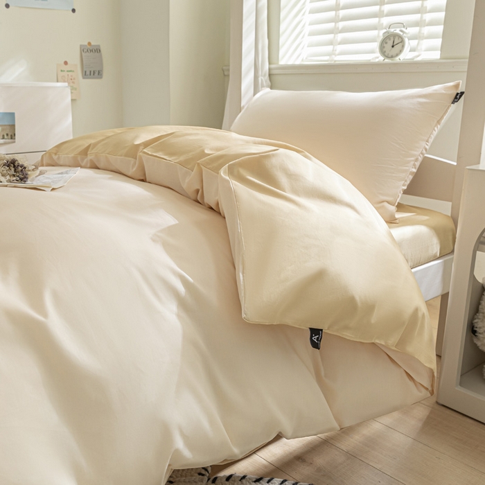 91家纺网 家纺一手货源 找家纺 涵宸家纺 2025新款全棉拼色纯色宿舍套件-米兰 米兰（香槟金+驼色）