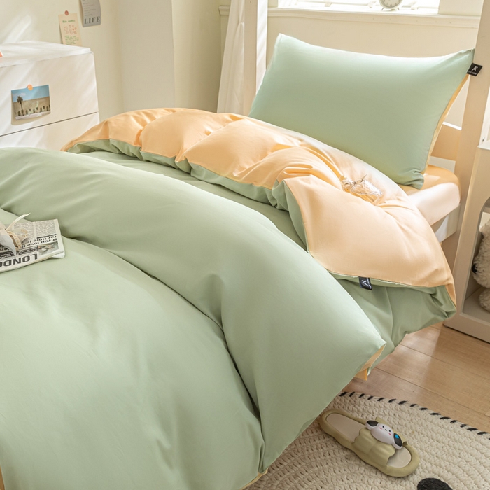 91家纺网 家纺一手货源 找家纺 涵宸家纺 2025新款全棉拼色纯色宿舍套件-米兰 米兰（月光绿+浅黄）
