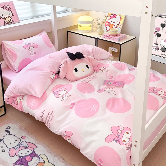 91家纺网 家纺一手货源 找家纺 暮思家居 2025新款三丽鸥授权全棉少女印花系列学生宿舍三件套四件套 圈圈美乐蒂