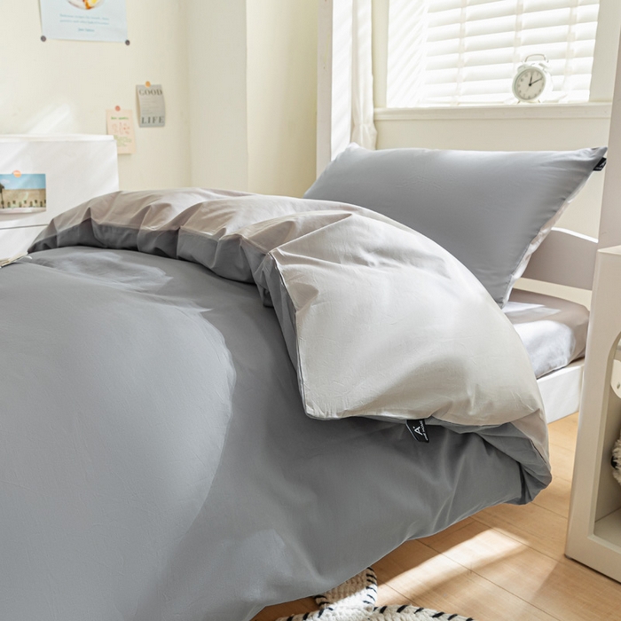 91家纺网 家纺一手货源 找家纺 涵宸家纺 2025新款全棉拼色纯色宿舍套件-米兰 米兰（银灰+梧桐灰）