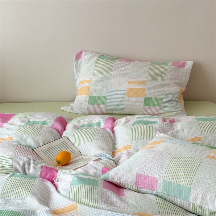 91家纺网 家纺一手货源 找家纺 山舍家居 2025新款母婴级全棉双层皱皱纱四件套 玫莓芭乐-绿