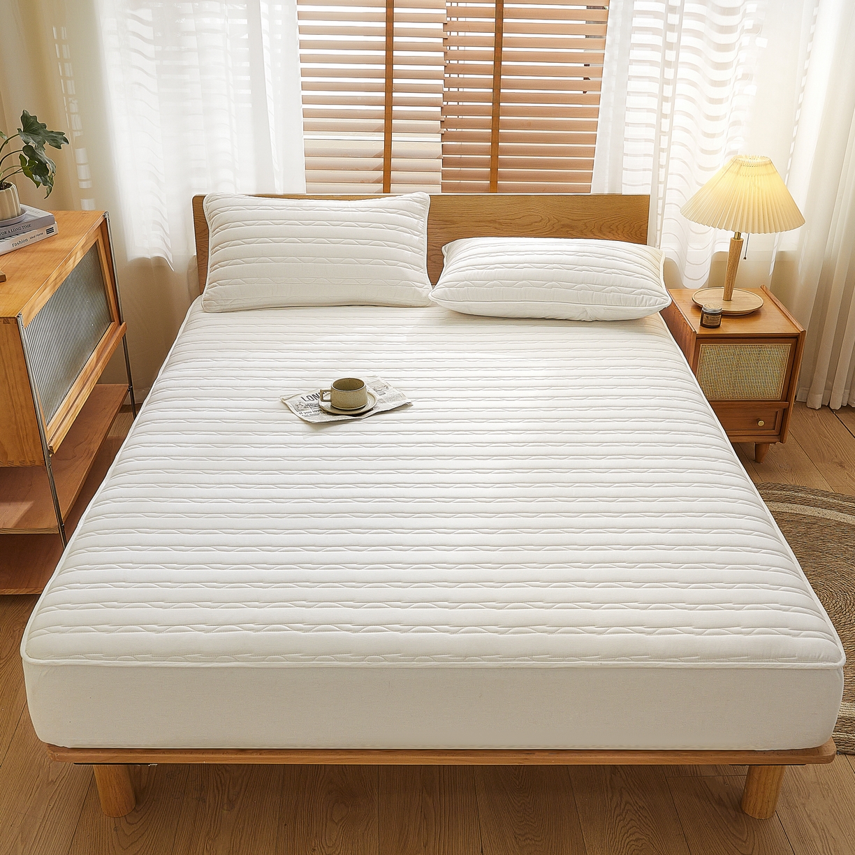 91家纺网 家纺一手货源 找家纺 雪云美2025新款全棉夹棉床笠斜纹A类纯棉床罩可定制尺寸 条纹 -白色