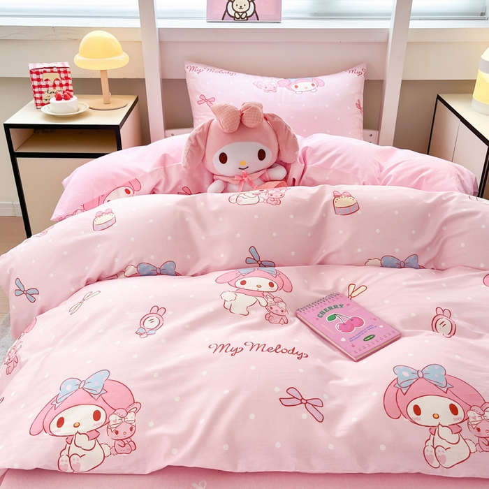 91家纺网 家纺一手货源 找家纺 暮思家居 2025新款三丽鸥授权全棉少女印花系列学生宿舍三件套四件套 蝴蝶结美乐蒂