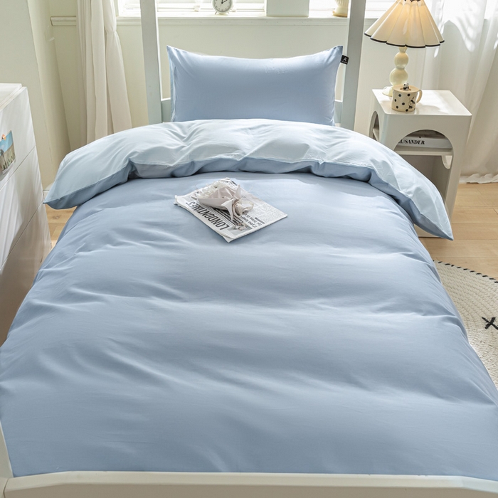 91家纺网 家纺一手货源 找家纺 涵宸家纺 2025新款全棉拼色纯色宿舍套件-米兰 米兰（湖兰+晨雾兰）