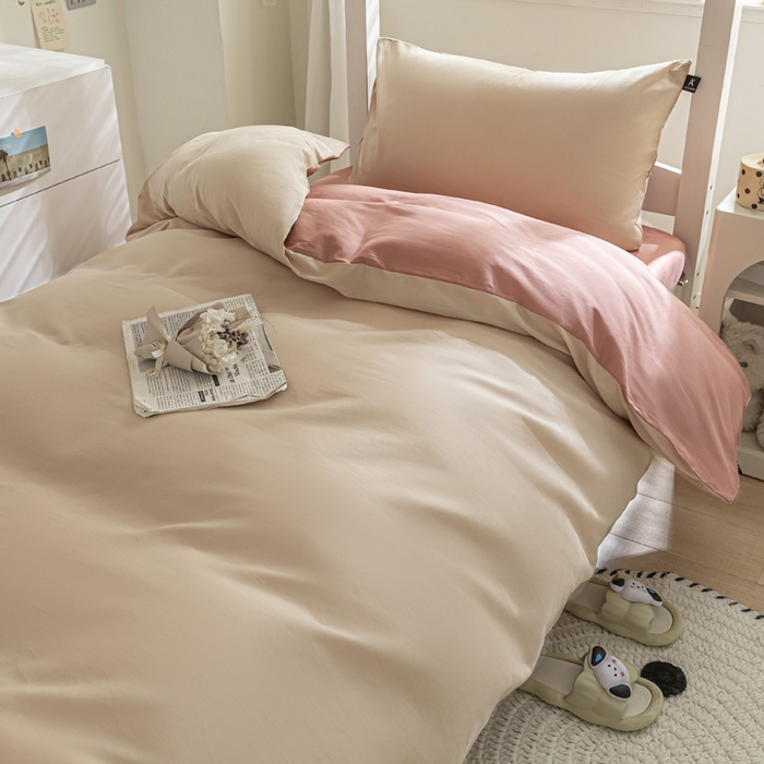 91家纺网 家纺一手货源 找家纺 涵宸家纺 2025新款全棉拼色纯色宿舍套件-米兰 米兰（杏色+豆其）