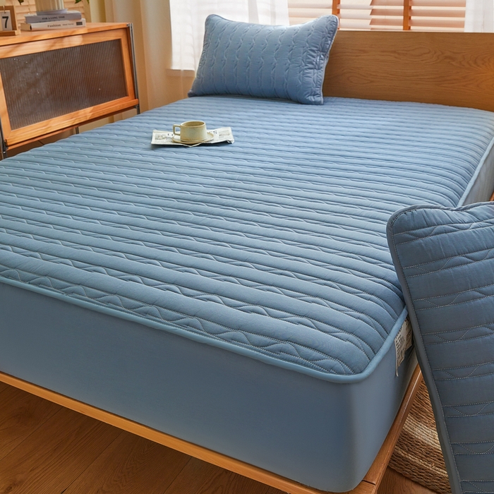 91家纺网 家纺一手货源 找家纺 雪云美2025新款全棉夹棉床笠斜纹A类纯棉床罩可定制尺寸 条纹 -蓝色