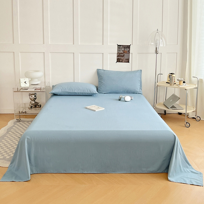 91家纺网 家纺一手货源 找家纺 卡迪熊家纺2025新款水洗m床单 奶油蓝