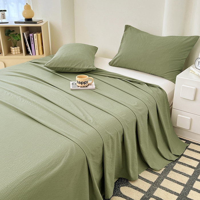 91家纺网 家纺一手货源 找家纺 卡迪熊家纺2025新款木m双层纱床单 抹茶绿