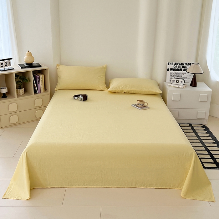 91家纺网 家纺一手货源 找家纺 卡迪熊家纺2025新款木m双层纱床单 柠檬黄